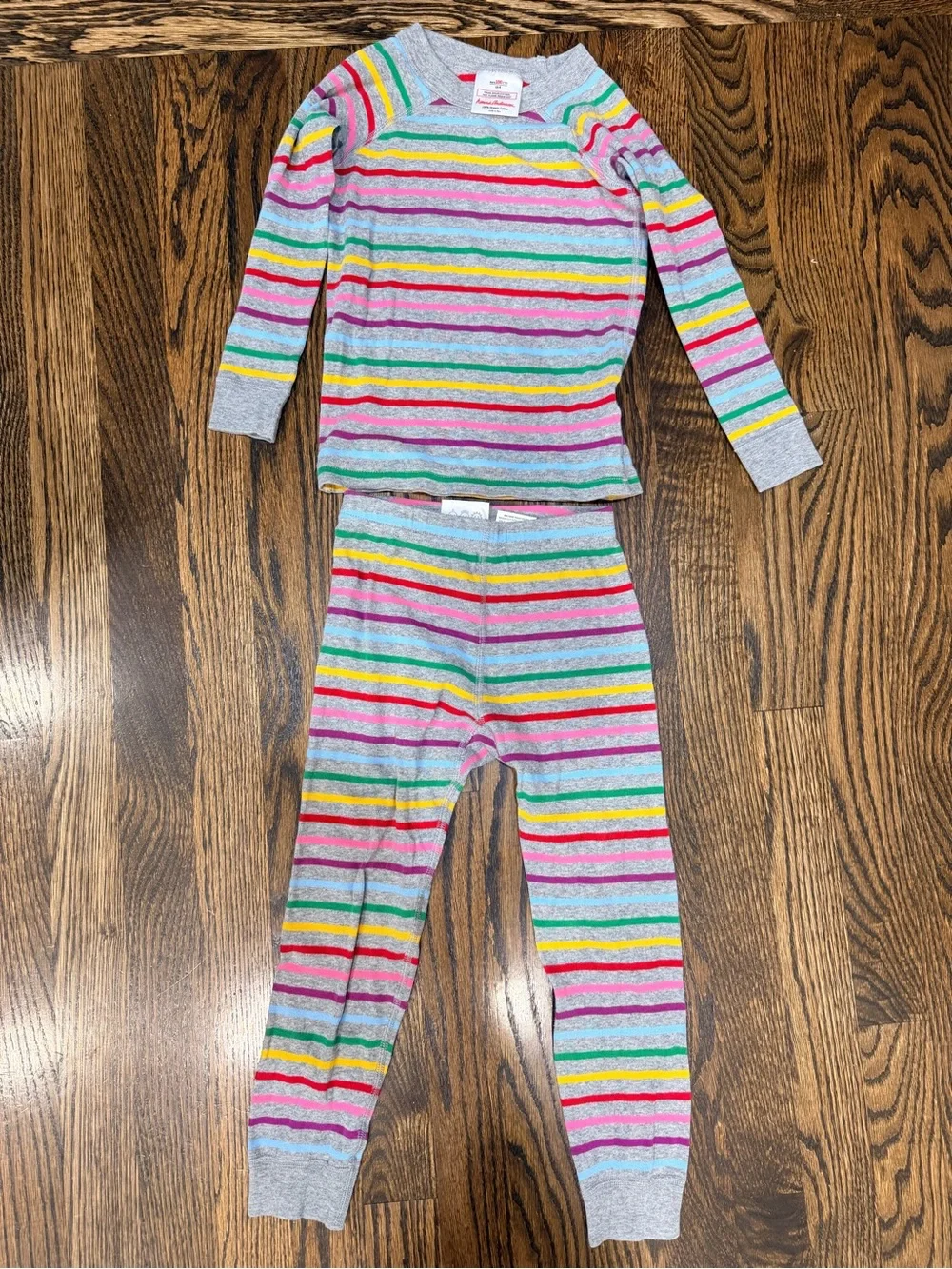 Hanna Andersson Heather Gray Stripe Pajama Set with Pink, Yellow, Green & Blue